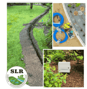 Collage showing irrigation trenching, pipe installation, and control system setup.