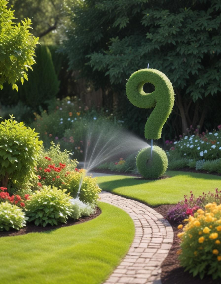 Automatic sprinkler watering a landscaped garden with a question mark symbol.